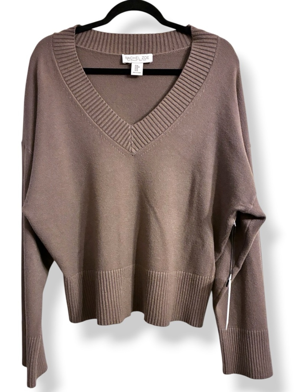 🤎 Rachel Zoe V-Neck Sweater Brown Knit Pullover Soft Minimalist NWT Medium